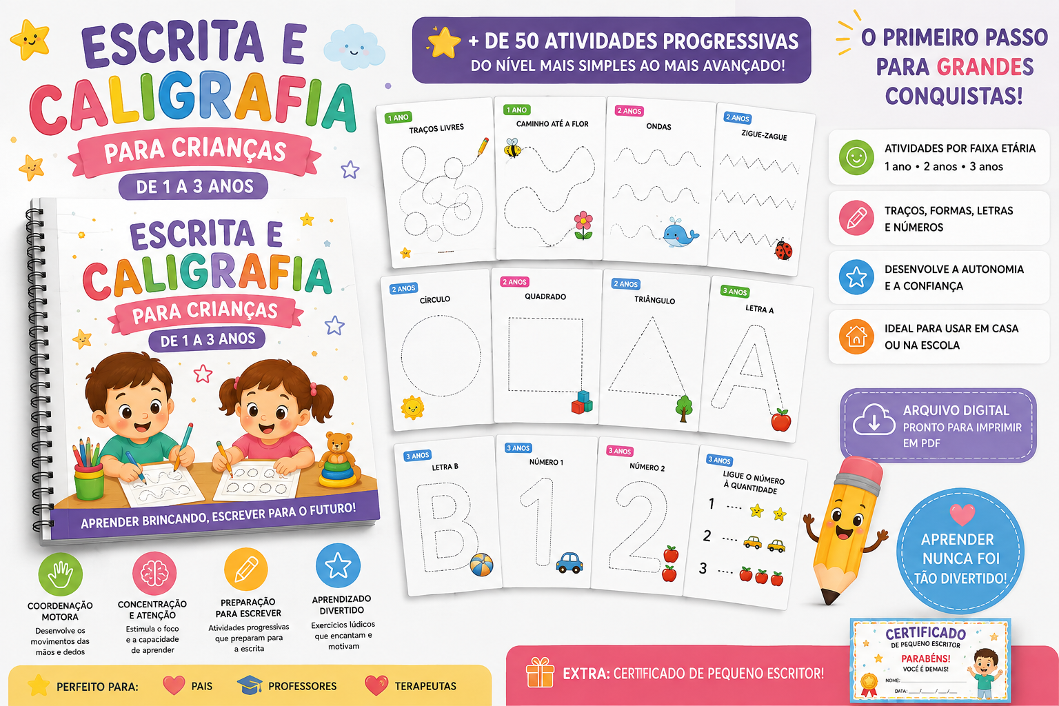 Escrita e Caligrafia para Crianças de 1 a 3 Anos — +50 Atividades Progressivas